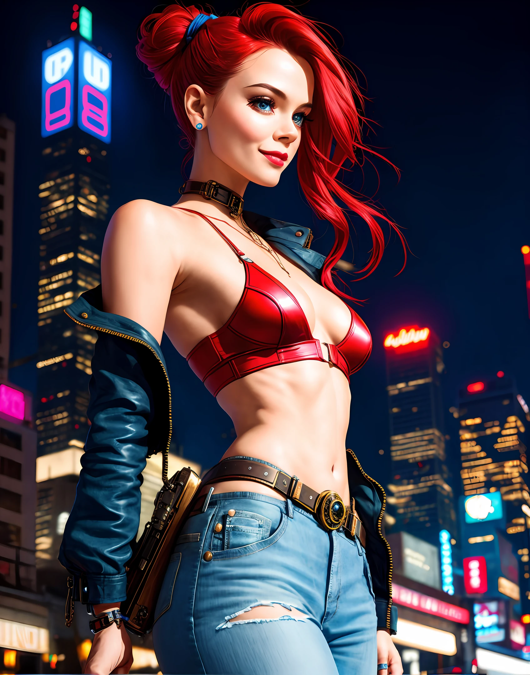 high angle photo of a gorgeous 34 year old woman, healthy skinny,short, small, realistic skin texture, looks up, smiling, big lips, little noose, sexy (red steampunk clothes), steampunk cosplay, (red hair with blue mops), blue hair mops, little boobs, small boobs,flexy boobs, small tits,skinny, posing on the street, night city(cyberpunk), street shops in the background, neon lights, 1 / 2 body crop, 21 5 mm art lens, f 1. 1, sharp focus, 8 k high definition, insanely detailed, intricate, elegant, photorealistic, real life, big shoulder, little neck, long lash, full lips, big lower lip, photo like, realistic picture, symmetric eyes
