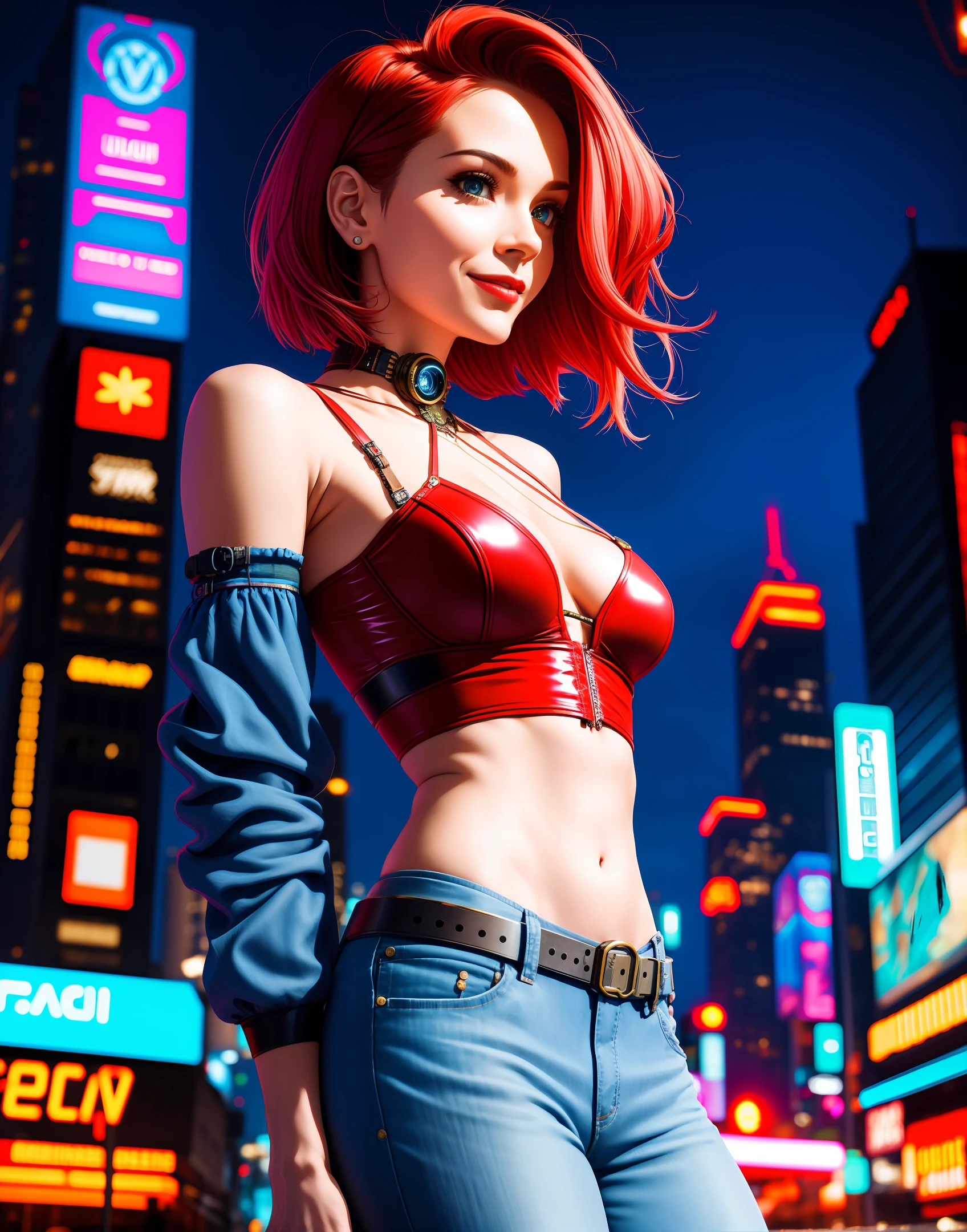 high angle photo of a gorgeous 34 year old woman, healthy skinny,short, small, realistic skin texture, looks up, smiling, big lips, little noose, sexy (red steampunk clothes), steampunk cosplay, (red hair with blue mops), blue hair mops, little boobs, small boobs,flexy boobs, small tits,skinny, posing on the street, night city(cyberpunk), street shops in the background, neon lights, 1 / 2 body crop, 21 5 mm art lens, f 1. 1, sharp focus, 8 k high definition, insanely detailed, intricate, elegant, photorealistic, real life, big shoulder, little neck, long lash, full lips, big lower lip, photo like, realistic picture, synmetric eyes