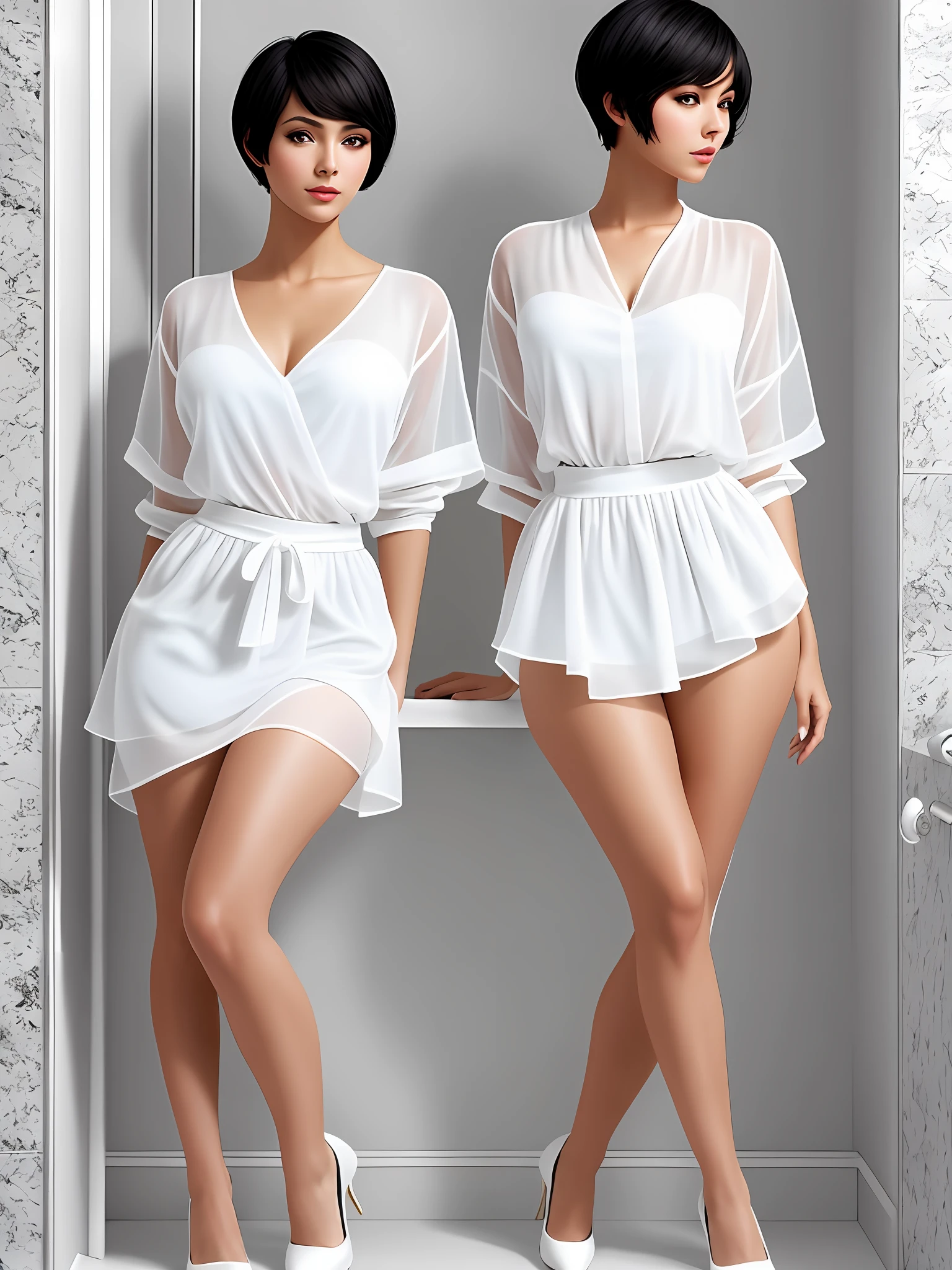 full body, French beauty woman, in Bathroom open white clothes, sheer, (full legs), big hips, light skin, beautiful face, black short hair, perfect body, perfect eyes, high contrast, artgerm, photography, highly detailed photo, high resolution,
