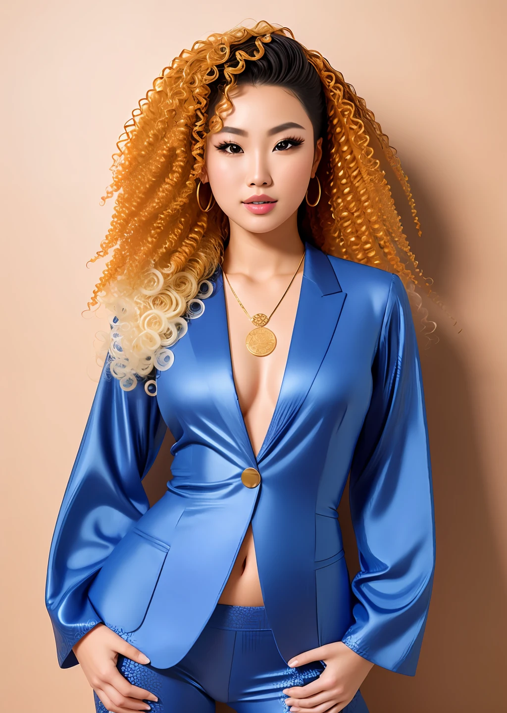 Fashion model photography, modern Tang suit, phoenix pattern, medium shot, Chinese beauty model, curly hair, golden hair accessories, fair skin, necklace, simple background, high texture, professional studio lighting