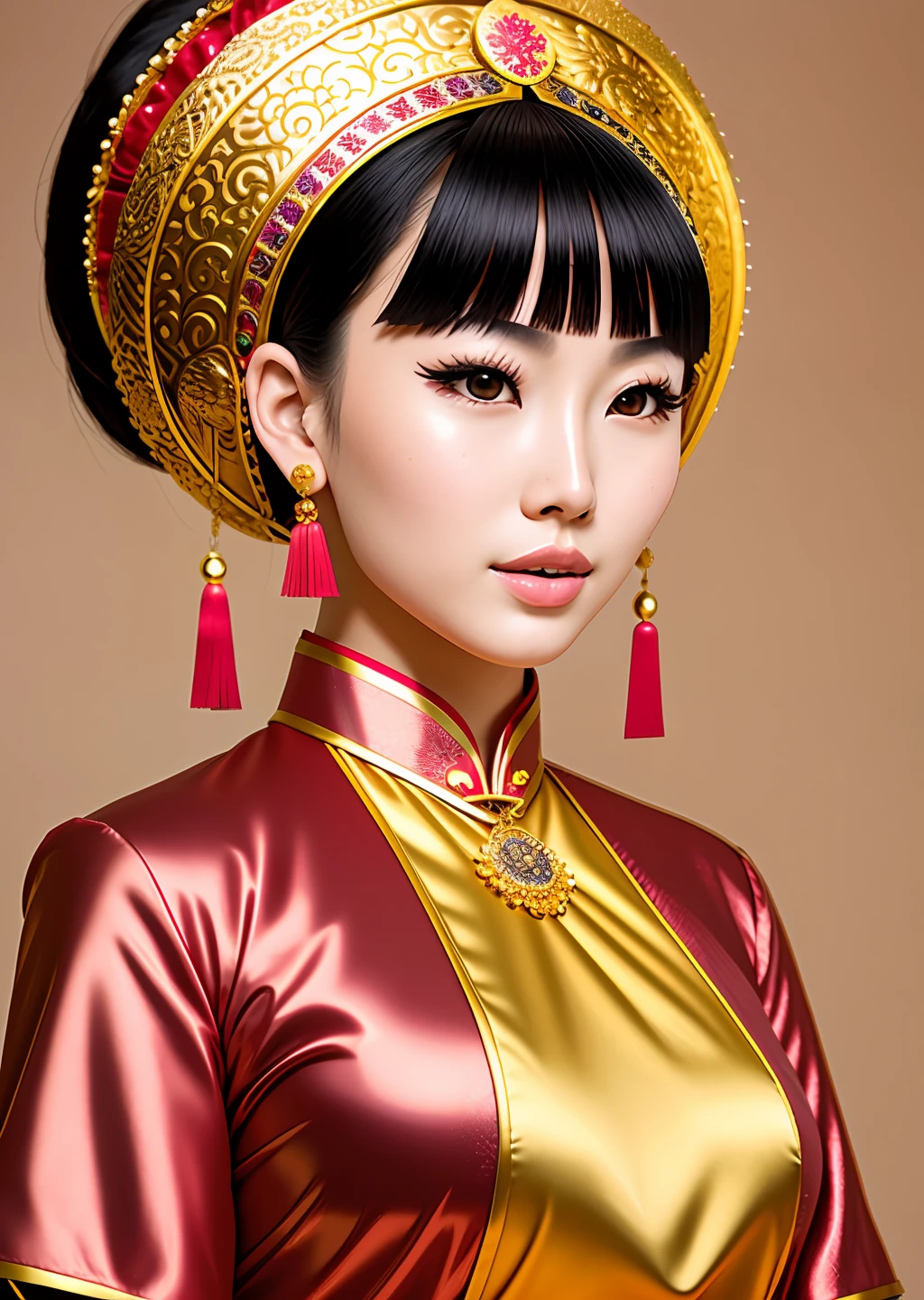 Fashion model photography, modern cheongsam with phoenix pattern on the fabric, medium shot, beautiful Chinese model, Tang Dynasty women hairstyle, bun, golden headdress, fair skin, necklace, simple background, high texture, studio professional light