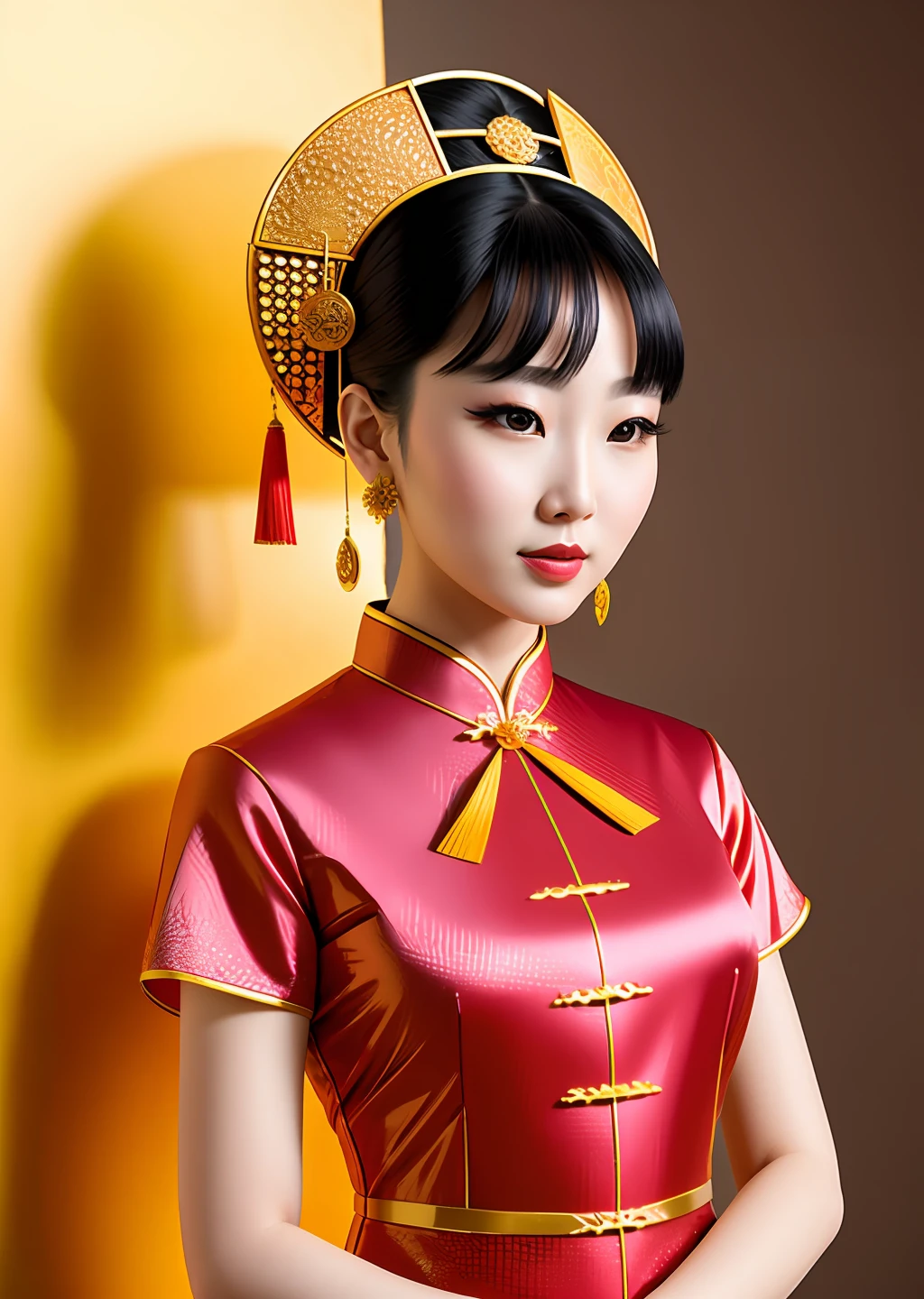 Fashion model photography, modern cheongsam with phoenix pattern on the fabric, medium shot, beautiful Chinese model, Tang Dynasty women hairstyle, bun, golden headdress, fair skin, necklace, simple background, high texture, studio professional light