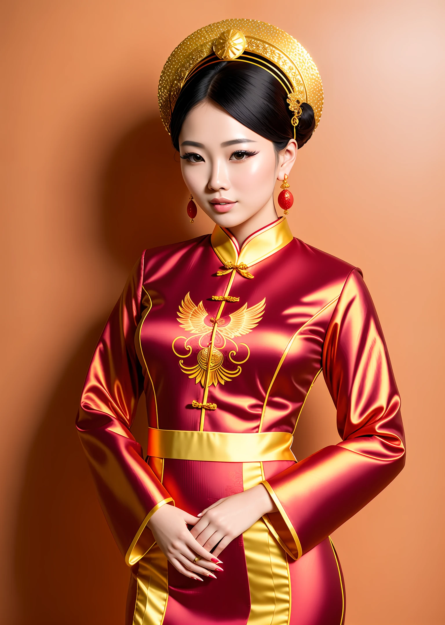 Fashion model photography, modern cheongsam with phoenix pattern on the fabric, medium shot, beautiful Chinese model, Tang Dynasty women hairstyle, bun, golden headdress, fair skin, necklace, simple background, high texture, studio professional light