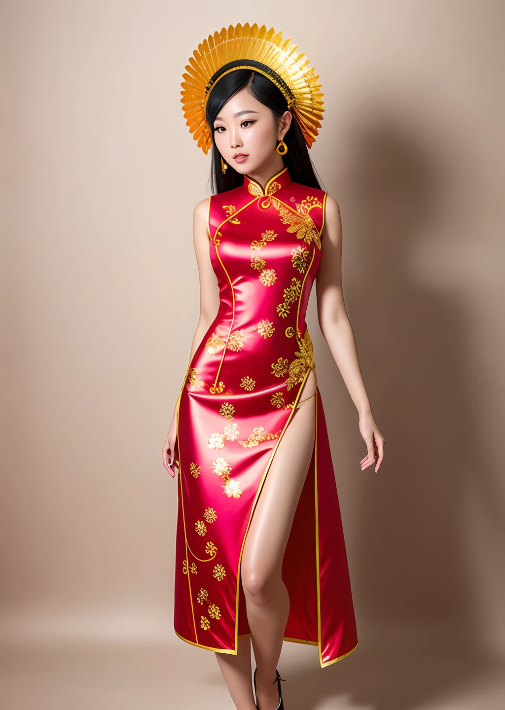 Fashion model photography, modern cheongsam with phoenix pattern on the fabric, distant view, full body, beautiful Chinese model, colorful long hair, golden headdress, fair skin, simple background, high texture, studio professional lighting