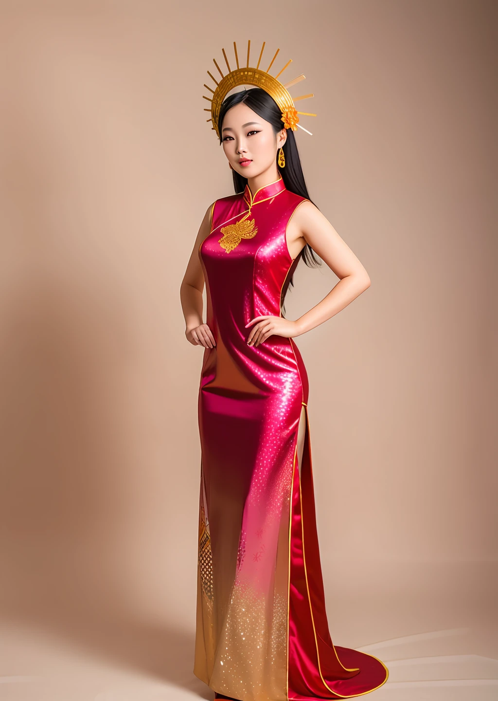 Fashion model photography, modern cheongsam with phoenix pattern on the fabric, distant view, full body, beautiful Chinese model, colorful long hair, golden headdress, fair skin, simple background, high texture, studio professional lighting