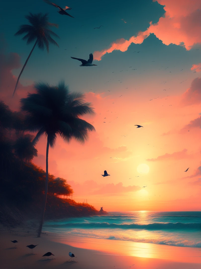dreamlikeart a painting of a beautiful paradise sunset beach with the sun in the middle and birds in the distance flying on the horizon. The trend on the art station is Greg Rutkowski's style