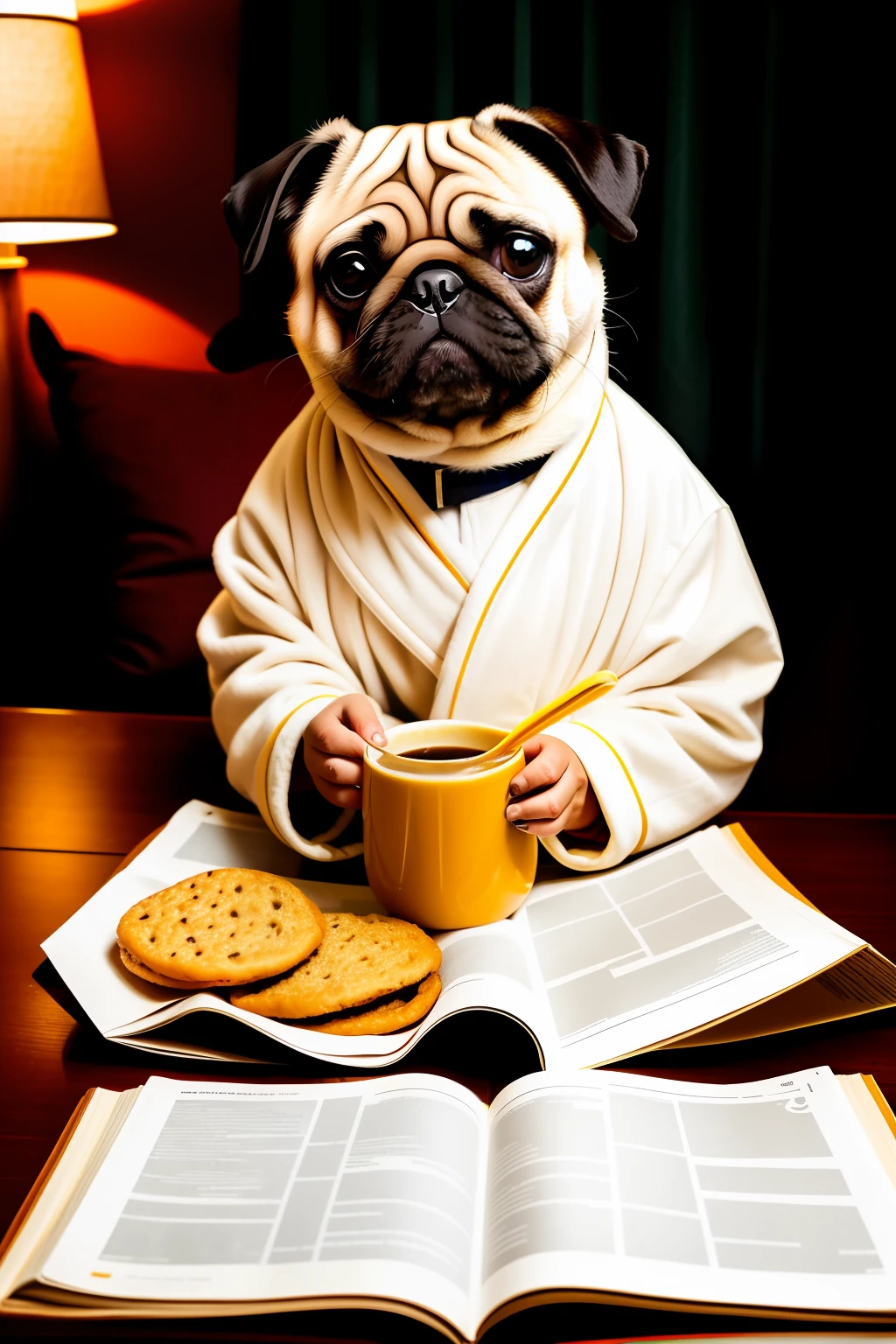 anthropomorphic pug dog, in a robe, eating breakfast and reading the newspaper, lightroom, cinematic, hdr, raw, intricate, high quality, soothing tones, intricate details, low contrast