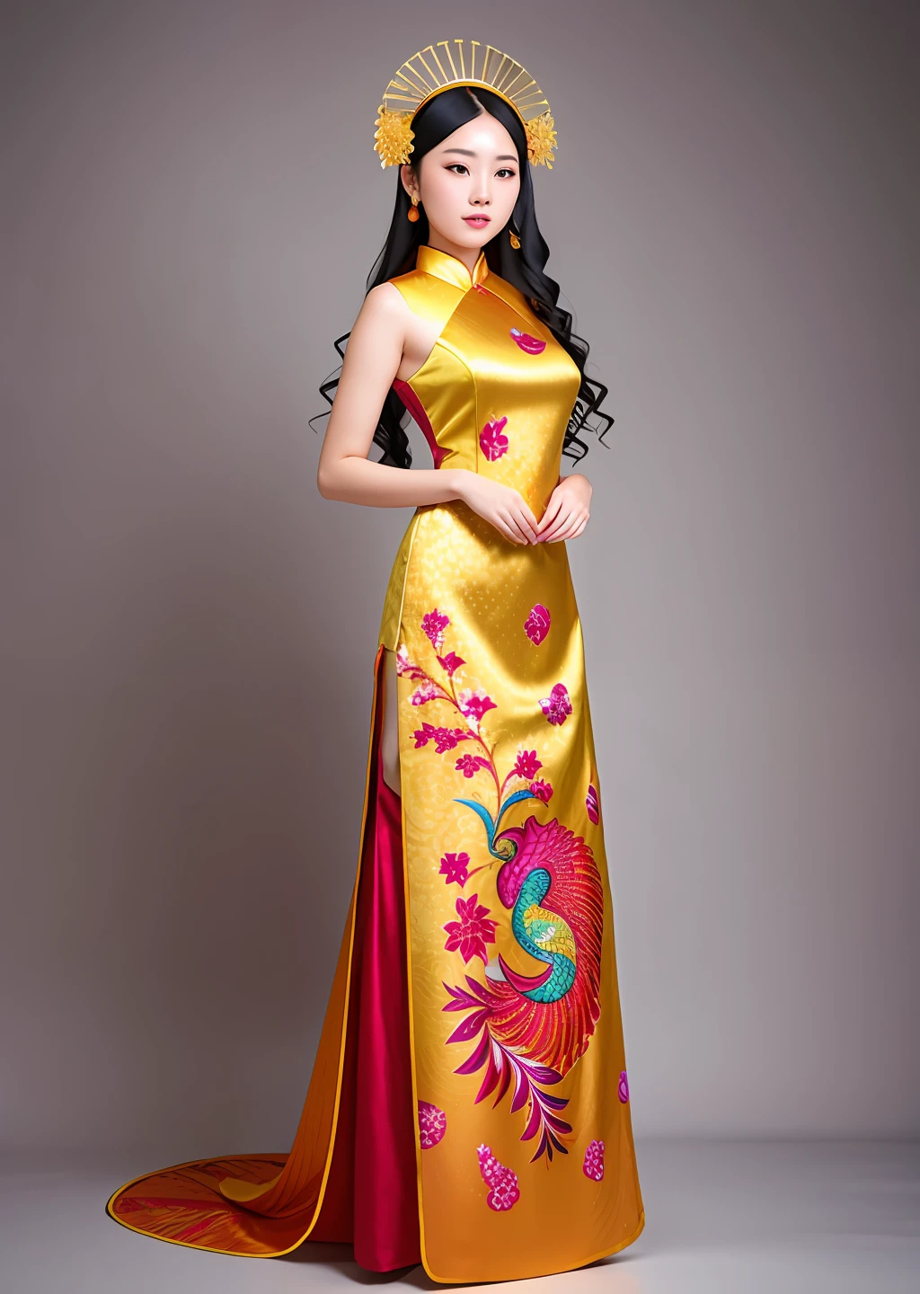 Fashion model photography, modern cheongsam with phoenix pattern on the fabric, distant view, full body, beautiful Chinese model, colorful long hair, golden headdress, fair skin, simple background, high texture, studio professional lighting