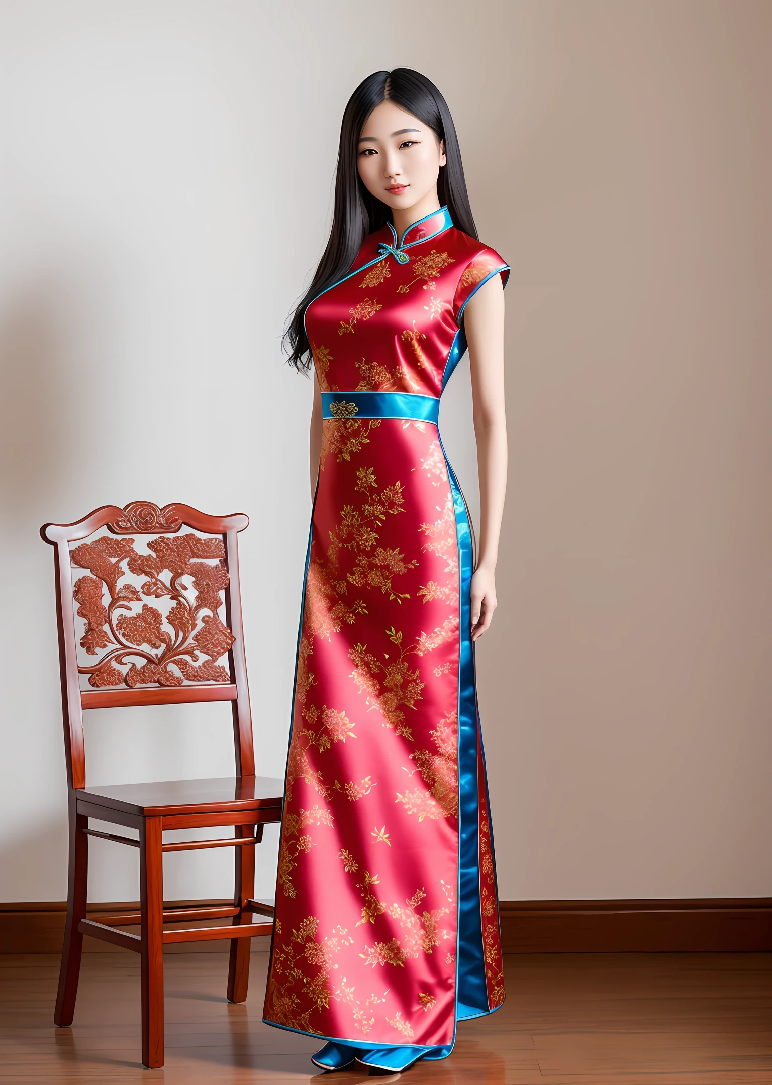 Fashion model photography, modern cheongsam with phoenix pattern on the fabric, distant view, full body, standing portrait, beautiful Chinese model, long hair, fair skin, minimalist background, background with seat of Song Dynasty, high texture, studio professional lighting
