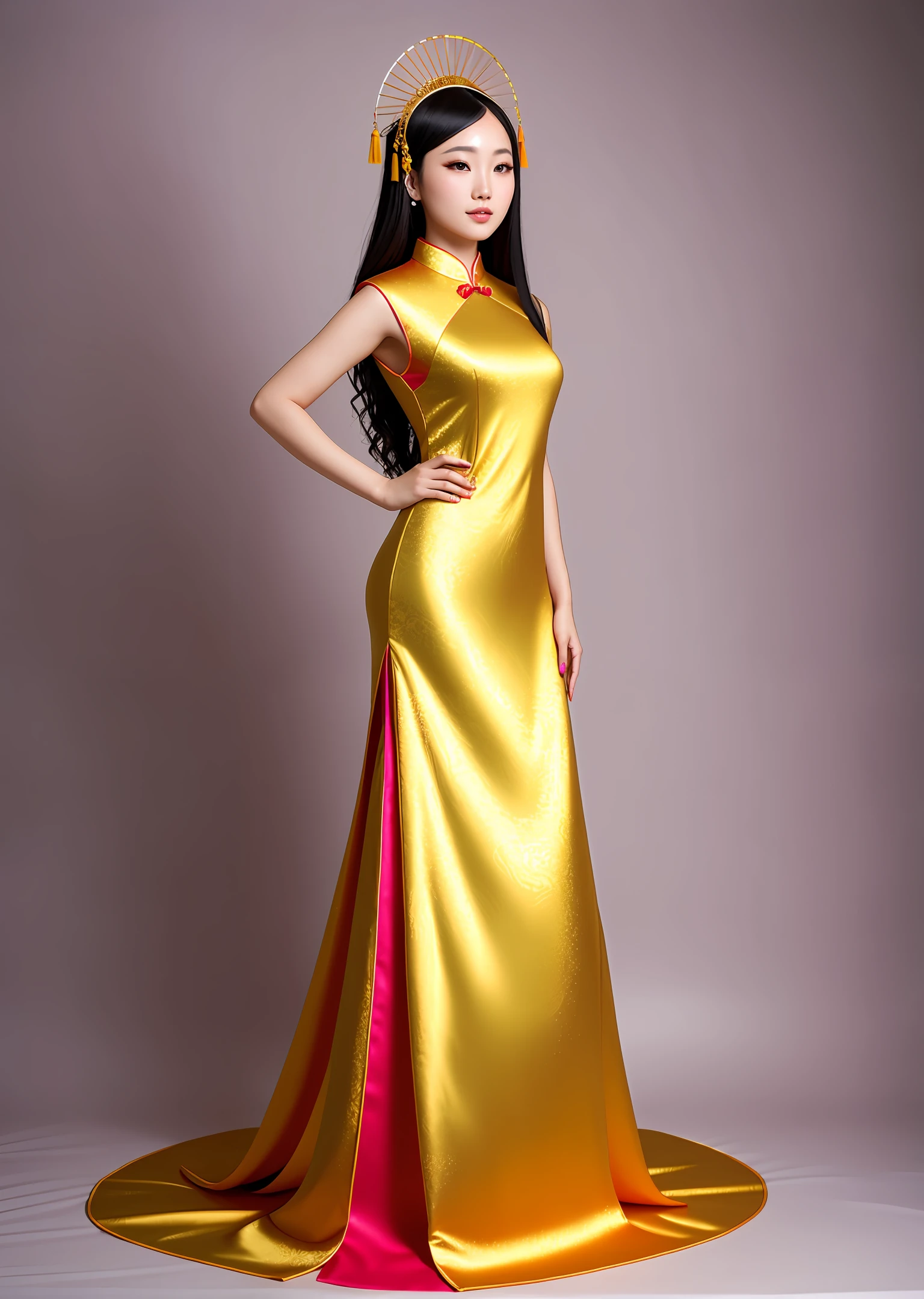 Fashion model photography, modern cheongsam with phoenix pattern on the fabric, distant view, full body, beautiful Chinese model, colorful long hair, golden headdress, fair skin, simple background, high texture, studio professional lighting