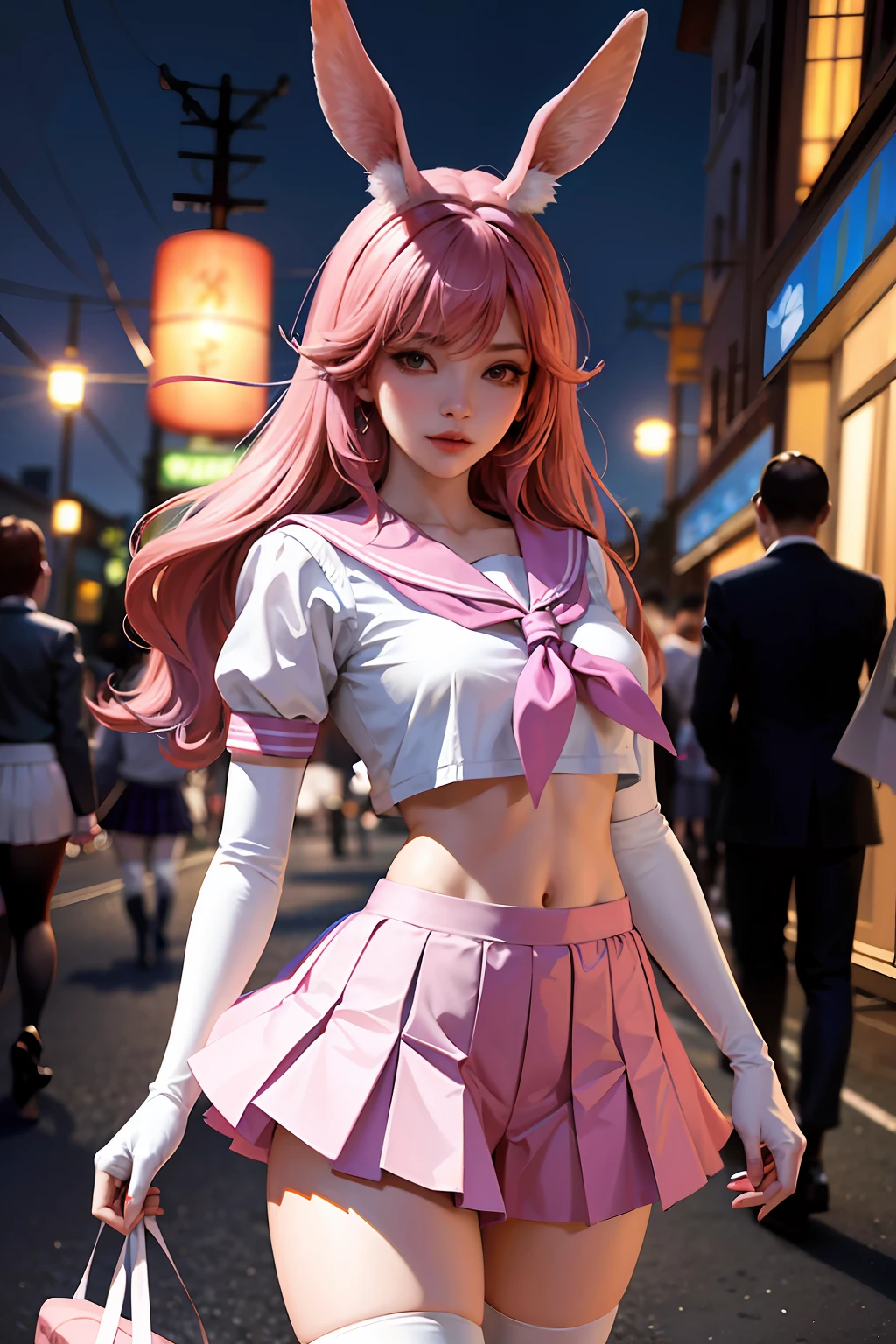 realistic,ultra high res,best quality, masterpiece,an extremely delicate and beautiful girl,purple eyes,looking at viewer,slim legs,blush,shy,(cityspace,night,cinematic lighting),((sailor collar, crop top, neckerchief, microskirt, pleated skirt, highleg panties, striped thighhighs, rabbit ears, elbow gloves, boots,pov crotch,thigh focus)),(YaeMiko,yae sakura:1.3),(photorealistic:1.4),(ulzzang-6500-v1.1:0.66),