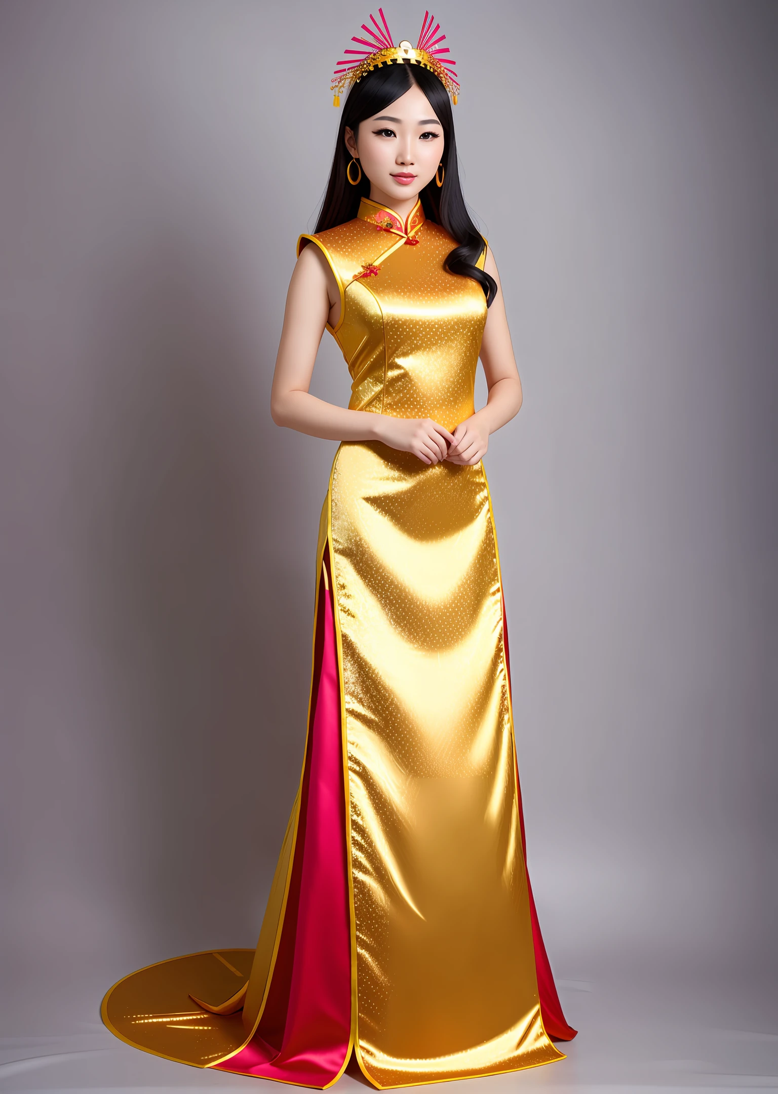 Fashion model photography, modern cheongsam with phoenix pattern on the fabric, distant view, full body, beautiful Chinese model, colorful long hair, golden headdress, fair skin, simple background, high texture, studio professional lighting