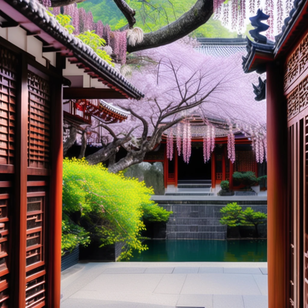Rich details, view from inside looking out the window, wisteria flowers hanging down along the eaves, ancient Chinese style architecture, ancient Chinese style wooden windows, courtyard, garden, pond outside the window, exquisite details, low saturation