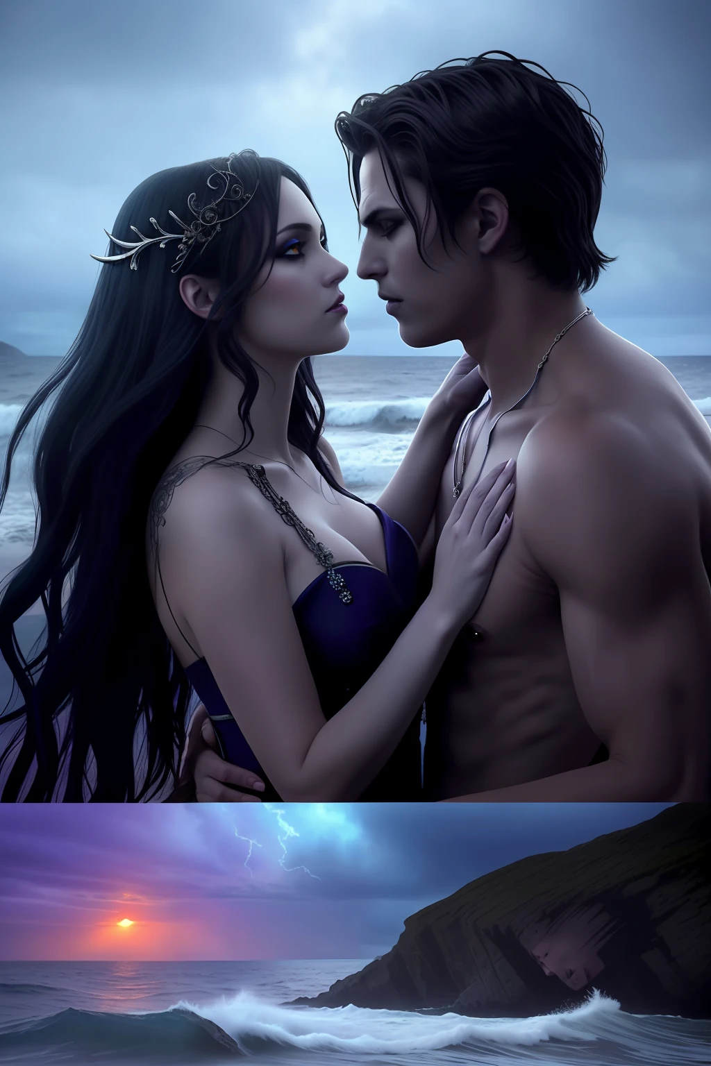 "Love Between Two Worlds": A story of sirens and vampires in a world full of danger and mystery. On the cover, a siren and a vampire gaze intensely into each other's eyes, while the raging sea churns behind them. The typography in shades of blue and purple perfectly complements the image, creating an atmosphere of romance and danger.