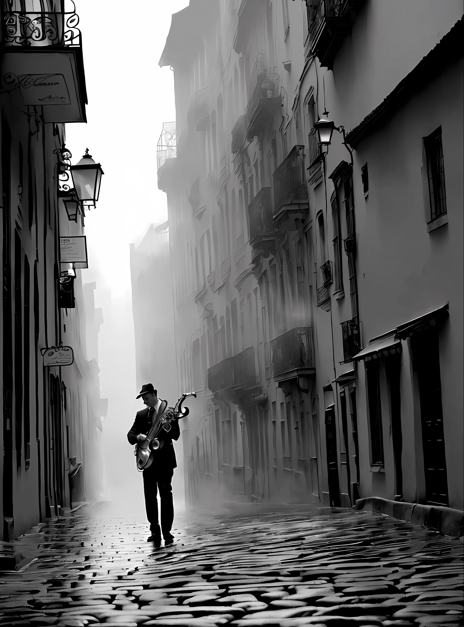 Black man playing a magic saxophone, gloomy atmosphere, cobblestone streets, light falling rain. ((B&amp;W:1.2)|cinematic|desaturated|fog) ::0.9, (night sky:0.5) [street text:0.5 | rain:1.2 | reflexes:1.3] ::0.7