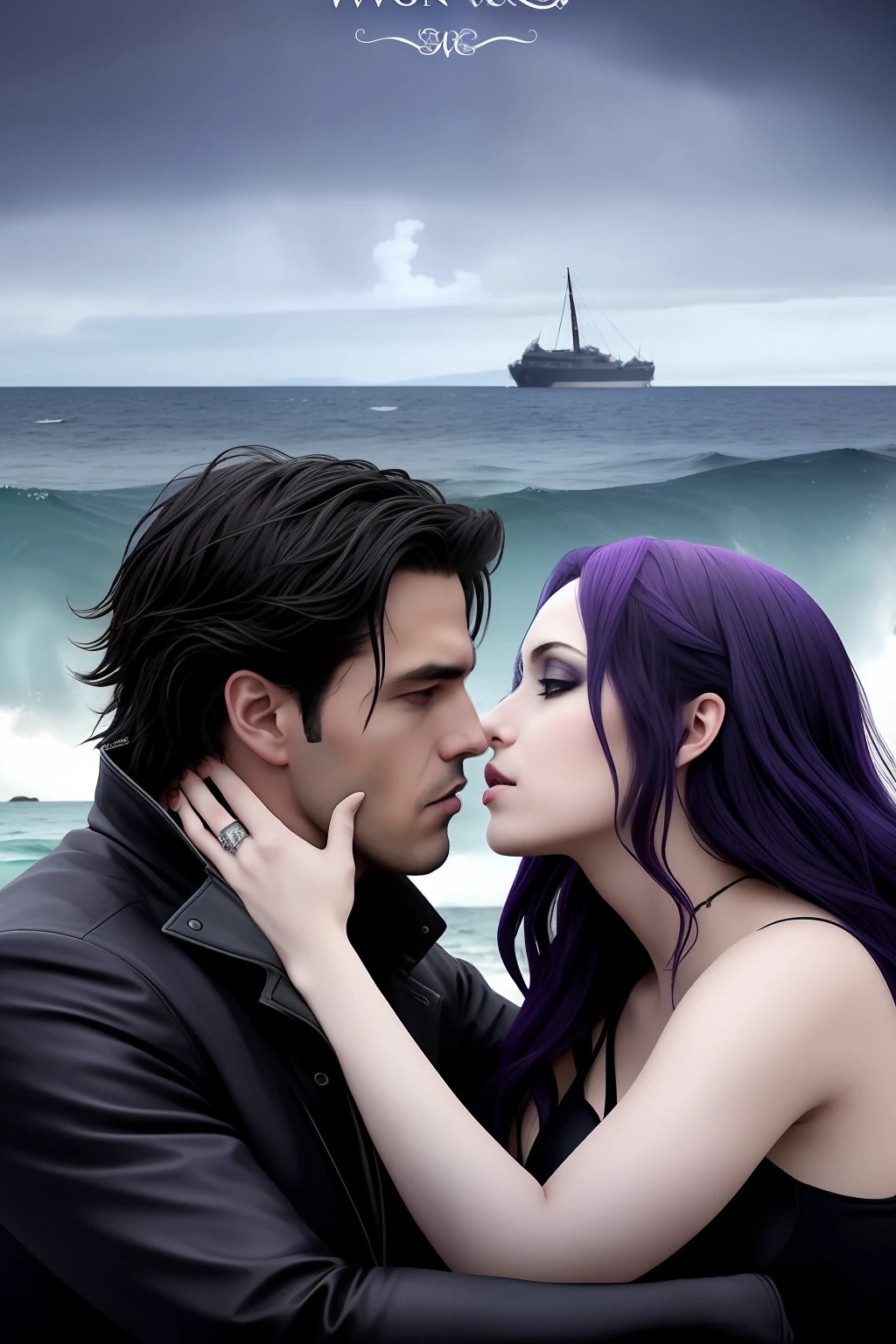 "Love Between Two Worlds": A story of sirens and vampires in a world full of danger and mystery. On the cover, a siren and a vampire gaze intensely into each other's eyes, while the raging sea churns behind them. The typography in shades of blue and purple perfectly complements the image, creating an atmosphere of romance and danger.