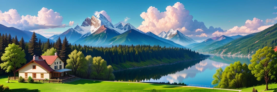(8k, RAW photos, best quality, proficiency: 1.2), (fidelity, reuthentic: 1.37), mountains, blue sky and white clouds, lawns, green trees, vegetation, lakes, modern buildings, historical sites, fog