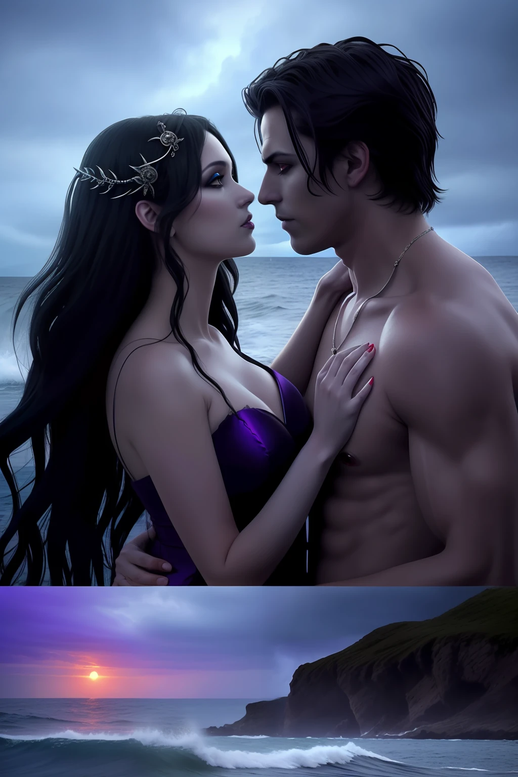 "Love Between Two Worlds": A story of sirens and vampires in a world full of danger and mystery. On the cover, a siren and a vampire gaze intensely into each other's eyes, while the raging sea churns behind them. The typography in shades of blue and purple perfectly complements the image, creating an atmosphere of romance and danger.