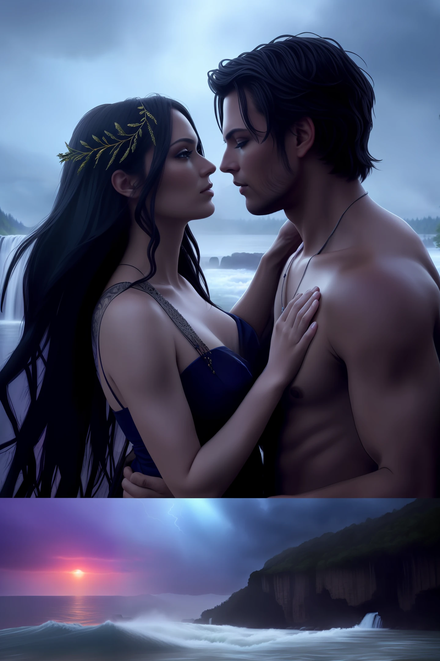 Highly detailed, beautiful and realistic hand-drawn landscape with a waterfall in the foreground and tall majestic trees in the background, highlighted by stunning, somber lighting, vibrant color palette.