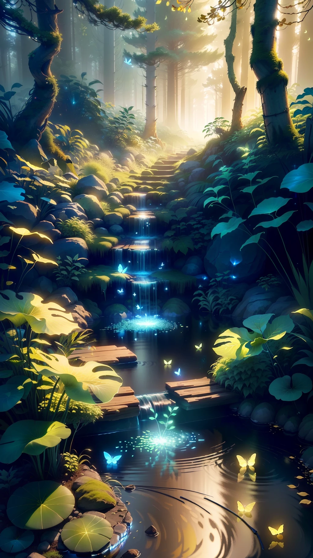 Masterpiece, best quality, (highly detailed CG unity 8k wallpapers), (best quality), (best illustrations), (best shadows), forest theme with natural elements. Tall trees, quiet streams, small glowing mushrooms surrounded by delicate leaves and branches, with fireflies and glowing particle effects,, (natural elements), (jungle theme), (leaves), (twigs), (fireflies), butterflies, (delicate leaves), (glow), (particle effects). , Isometric 3D, Octane Rendering, Ray Traced, Super Detailed