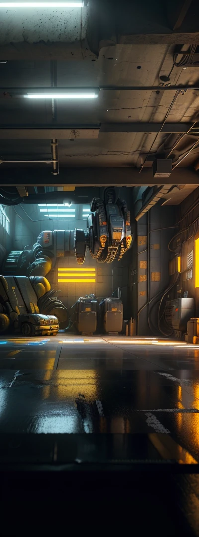 Garage with a yellow machine and other equipment, overhead shot, super detailed 3d rendering, super detailed 3d rendering, high quality 3d rendering, high quality 3d rendering, semi-realistic rendering, volumetric lighting from above, very realistic 3d rendering, hard Surfaces, volumes and perfect lighting, highly detailed rendering, highly photographic rendering, garage, tokyo garage interior, cavernous interior wide shot, wide shot, wide full shot, detailed wide shot, in the spotlight, Dietmar Damerau, interior shot, indoors, Workshop, interior, robotic arm, lift, machinery, cool, gears, machinery, tires, repair equipment, mechanical equipment, there is a room with many different items, cyberpunk garage on jupiter, hyper realistic cyberpunk style, cyberpunk basement, cyberpunk art hyperreal 8k, cyberpunk environment, cyberpunk atmosphere, cyberpunk setting, unreal engine. Retro movie still like cyberpunk studio, old cyberpunk 8k resolution, realistic dark concept art, cyberpunk style, surreal,