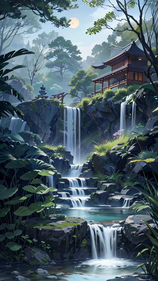 9:16 Full picture, ancient Chinese architecture, moon, night, garden, bamboo, lake, stone bridge, rockery, arch, corner, rockery, tree, running water, landscape, outdoor, waterfall, grass, rock, water lily, hot spring, water Vapor, (Illustration: 1.0), Epic Composition, Detail Enhancement, Detail Enhancement. Realistic lighting, HD details, masterpiece, best quality, (very detailed CG unity 8k wallpaper), (best quality)