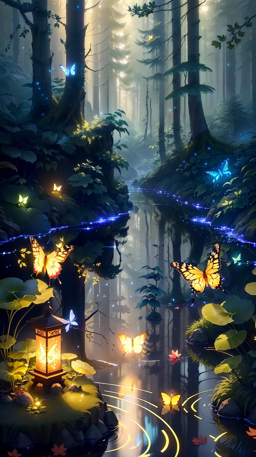 A masterpiece, the best quality, stunning reflections, the best reflections ever. (very detailed CG unity 8k wallpapers), (best quality), (best illustrations), (best shadows), forest theme with natural elements. Tall trees, quiet streams, small glowing mushrooms surrounded by delicate leaves and branches, with fireflies and glowing particle effects,, (natural elements), (jungle theme), (leaves), (twigs), (fireflies), butterflies, (delicate leaves), (glow), (particle effects). , Isometric 3D, Octane Rendering, Ray Traced, Super Detailed