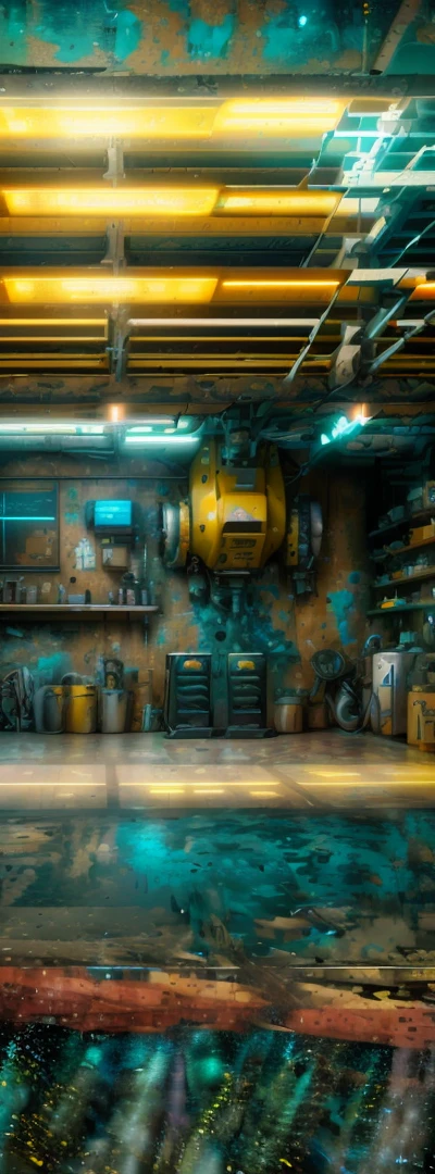 Garage with a yellow machine and other equipment, overhead shot, super detailed 3d rendering, super detailed 3d rendering, high quality 3d rendering, high quality 3d rendering, semi-realistic rendering, volumetric lighting from above, very realistic 3d rendering, hard Surfaces, volumes and perfect lighting, highly detailed rendering, highly photographic rendering, garage, tokyo garage interior, in the spotlight, Dietmar Damerau, interior shot, interior, workshop, interior, robotic arm, lift, machinery, cool, gear , machinery, tires, repair equipment, mechanical equipment, there is a room with many different items, cyberpunk garage on jupiter, hyper realistic cyberpunk style, cyberpunk basement, cyberpunk art hyper realistic 8k, Cyberpunk environment, cyberpunk atmosphere, cyberpunk setting, Unreal Engine. Retro movie still like cyberpunk studio, old cyberpunk 8k resolution, realistic dark concept art, cyberpunk style, surreal,