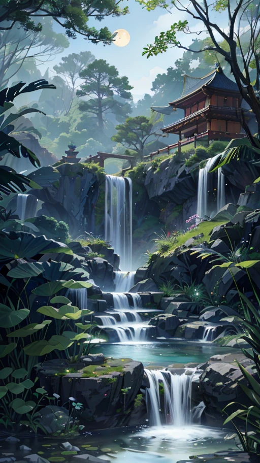 9:16 Full picture, ancient Chinese architecture, hazy moon, night, garden, bamboo, lake, stone bridge, rockery, arch, corner, rockery, tree, running water, landscape, outdoor, waterfall, grass, rock, water lily, hot spring , Water Vapor, (Illustration: 1.0), Epic Composition, Detail Enhancement, Detail Enhancement. Realistic lighting, HD details, masterpiece, best quality, (very detailed CG unity 8k wallpaper), (best quality)