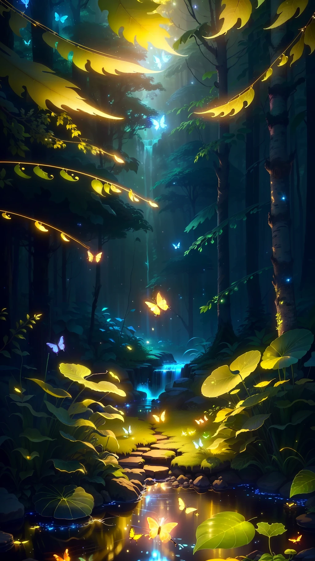 9:16 Full picture, masterpiece, best quality, magic beam, (very detailed CG unity 8k wallpaper), (best quality), (best illustration), (best shadows), with Forest theme with natural elements. Tall trees, quiet streams, small glowing mushrooms surrounded by delicate leaves and branches, with fireflies and glowing particle effects,, (natural elements), (jungle theme), (leaves), (twigs), (fireflies), butterflies, (delicate leaves), (glow), (particle effects). , Isometric 3D, Octane Rendering, Ray Traced, Super Detailed