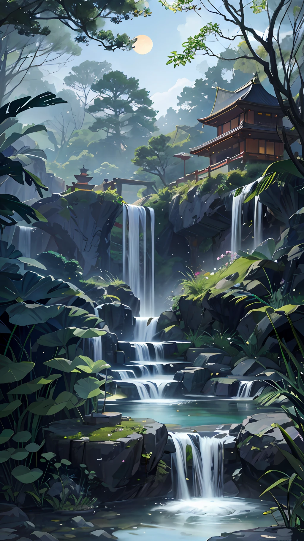 9:16 Full picture, ancient Chinese architecture, hazy moon, night, garden, bamboo, lake, stone bridge, rockery, arch, corner, rockery, tree, running water, landscape, outdoor, waterfall, grass, rock, water lily, hot spring , Water Vapor, (Illustration: 1.0), Epic Composition, Detail Enhancement, Detail Enhancement. Realistic lighting, HD details, masterpiece, best quality, (very detailed CG unity 8k wallpaper), (best quality)