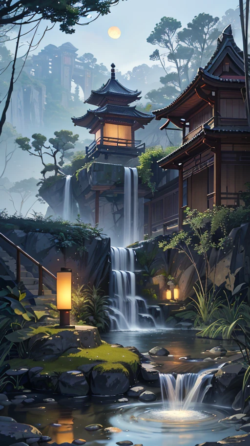 9:16 Full picture, ancient Chinese architecture, hazy moon, night, garden, bamboo, lake, stone bridge, rockery, arch, corner, rockery, tree, running water, landscape, outdoor, waterfall, grass, rock, water lily, hot spring , Water Vapor, (Illustration: 1.0), Epic Composition, Detail Enhancement, Detail Enhancement. Realistic lighting, HD details, masterpiece, best quality, (very detailed CG unity 8k wallpaper), (best quality)