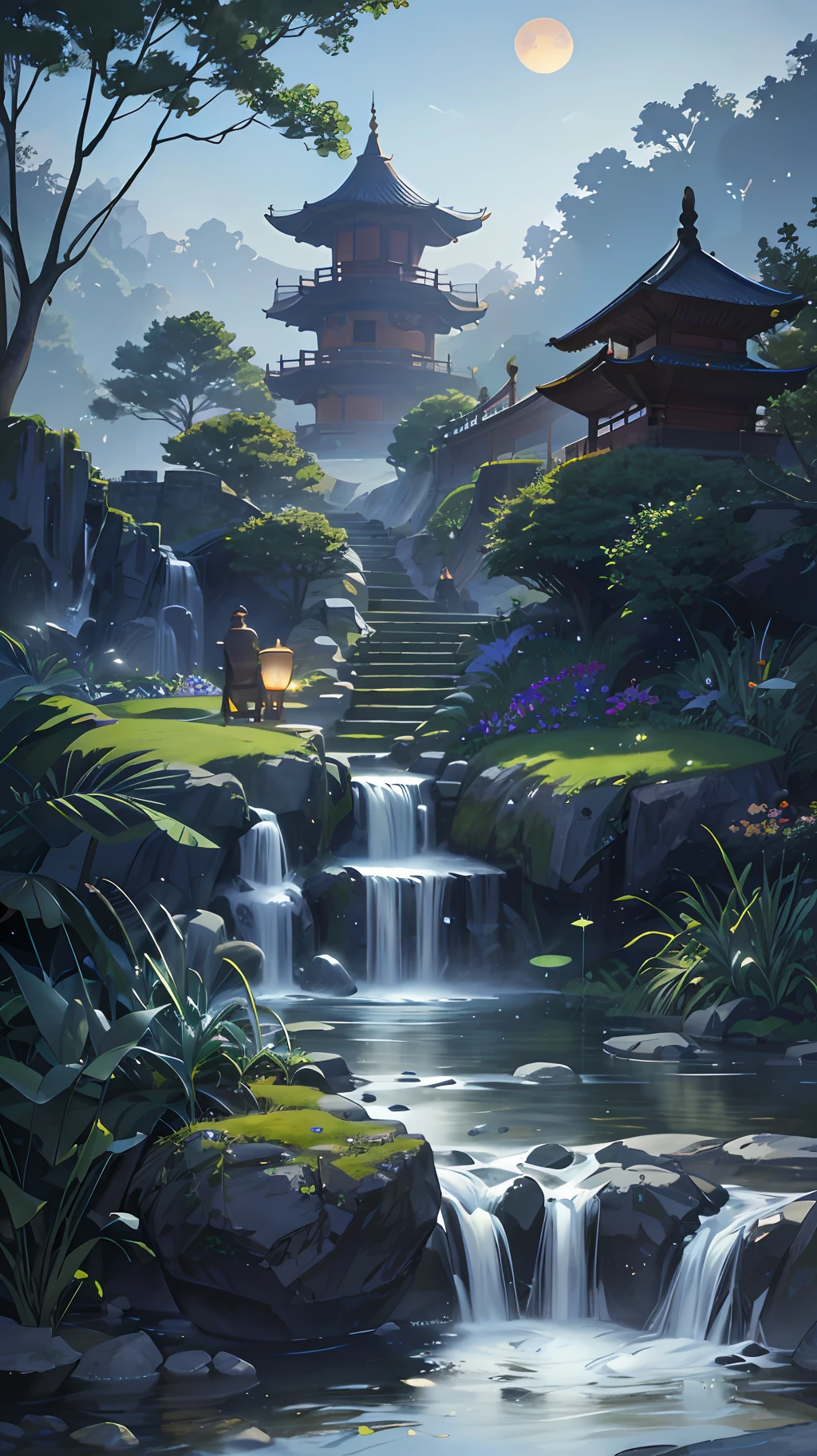 9:16 Full picture, ancient Chinese architecture, hazy moon, night, garden, bamboo, lake, stone bridge, rockery, arch, corner, rockery, tree, running water, landscape, outdoor, waterfall, grass, rock, water lily, hot spring , Water Vapor, (Illustration: 1.0), Epic Composition, Detail Enhancement, Detail Enhancement. Realistic lighting, HD details, masterpiece, best quality, (very detailed CG unity 8k wallpaper), (best quality)