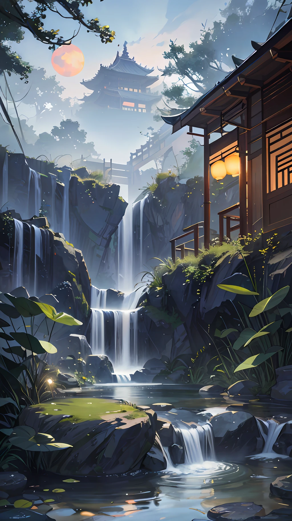 9:16 Full picture, ancient Chinese architecture, hazy moon, night, garden, bamboo, lake, stone bridge, rockery, arch, corner, rockery, tree, running water, landscape, outdoor, waterfall, grass, rock, water lily, hot spring , Water Vapor, (Illustration: 1.0), Epic Composition, Detail Enhancement, Detail Enhancement. Realistic lighting, HD details, masterpiece, best quality, (very detailed CG unity 8k wallpaper), (best quality)