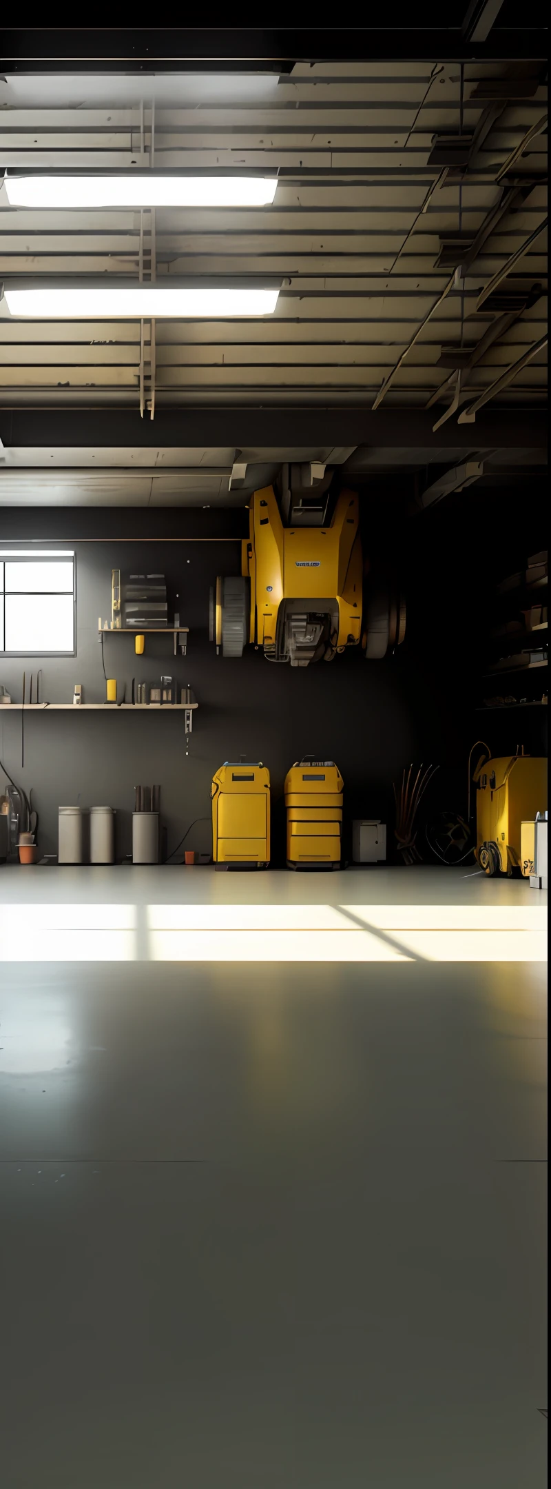 Garage with a yellow machine and other equipment, overhead shot, super detailed 3d rendering, super detailed 3d rendering, high quality 3d rendering, high quality 3d rendering, semi-realistic rendering, volumetric lighting from above, very realistic 3d rendering, hard Surfaces, volumes and perfect lighting, highly detailed rendering, highly photographic rendering, garage, tokyo garage interior, in the spotlight, Dietmar Damerau, interior shot, interior, workshop, interior, robotic arm, lift, machinery, cool, gear , machinery, tires, repair equipment, mechanical equipment, there is a room with many different items, cyberpunk garage on jupiter, hyper realistic cyberpunk style, cyberpunk basement, cyberpunk art hyper realistic 8k, Cyberpunk environment, cyberpunk atmosphere, cyberpunk setting, Unreal Engine. Retro movie still like cyberpunk studio, 8k resolution,