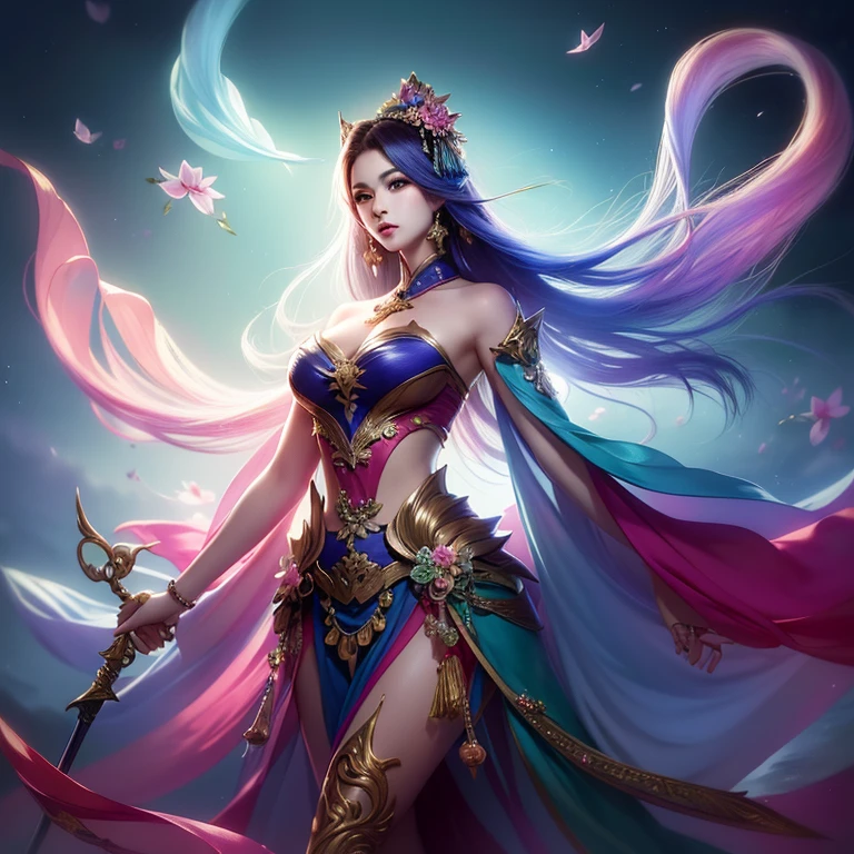 (8k, RAW photo:1.2), best quality, ultra high res, dramatic angle, (fluttered detailed color splashs), (illustration), she is an exotic woman wearing colorful clothes and flowers Decorative hair accessories. She is tall and slender, with fair skin like jade. Her weaponry is a seven-star sword and a flowing cloud dress