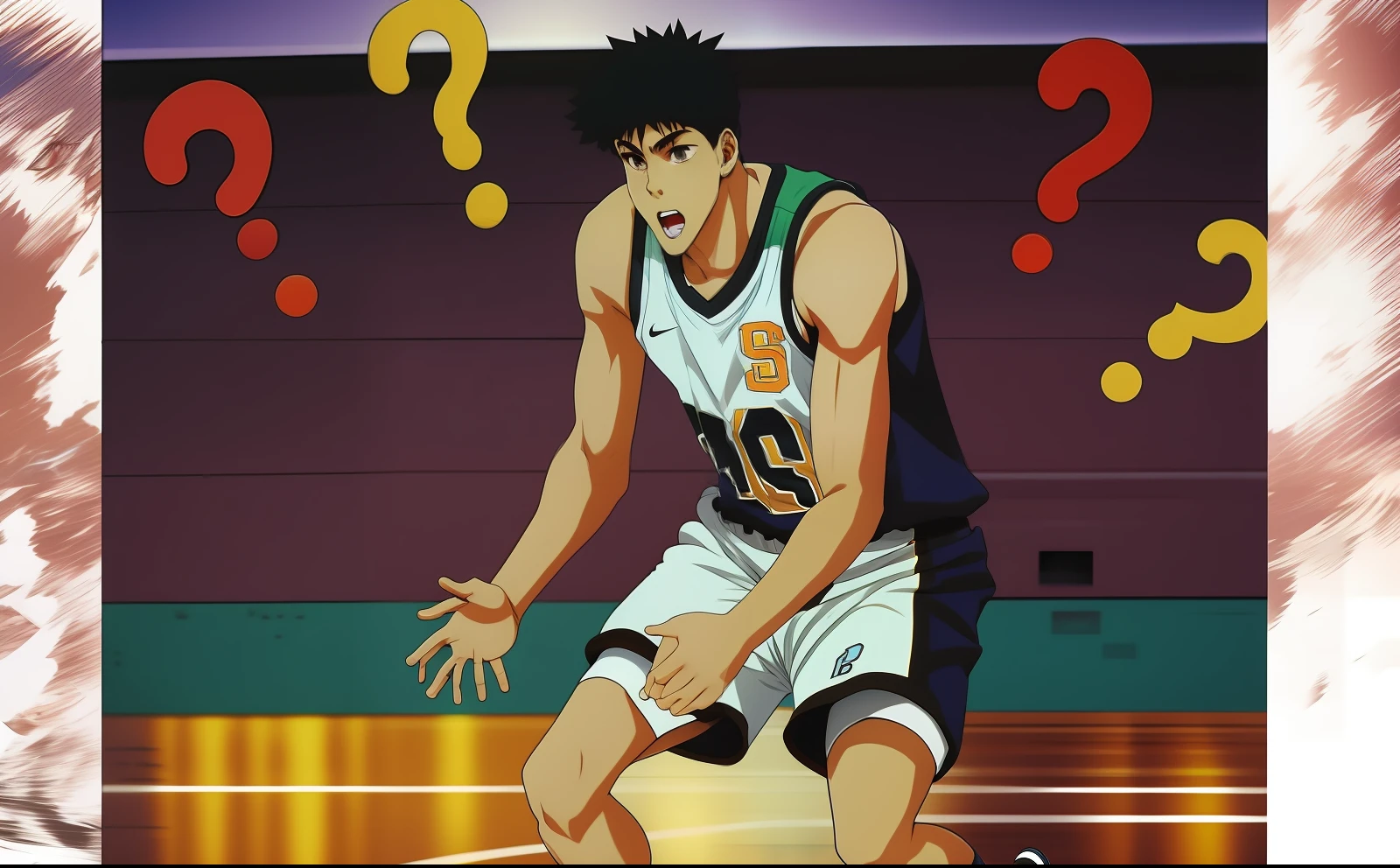 a close up of a cartoon of a basketball player with question marks, scence of slam dunk, slam dunk, shinji ikari, kentaro miura manga style, kentaro miura manga art style, sankakucomplex anime image, an retro anime image, name of the character is chad, in a anime masterpiece, kentaro miura style, blob anime
