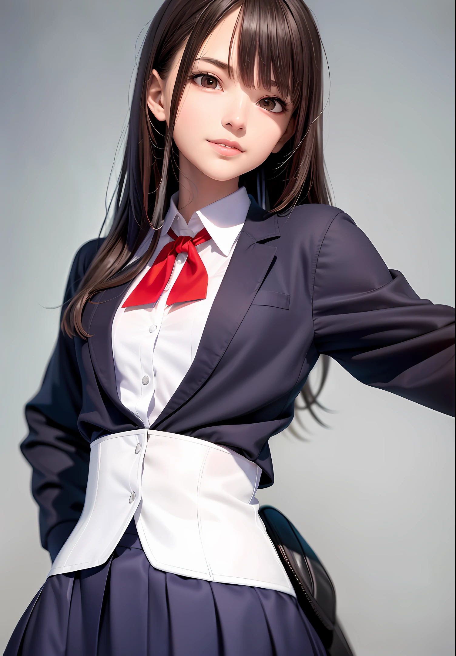 (RAW photo: 1.2), (realism: 1.4), (complex detail: 1.2), (masterpiece: 1.3), (best quality: 1.4), (ultra high resolution: 1.2), (detail eye), ( Detailed facial features), (detailed clothing features), (shiny skin), (slender girl), (extremely detailed), (smile), (innocent smile), 1girl,innocent,outdoor, wearing high school uniform