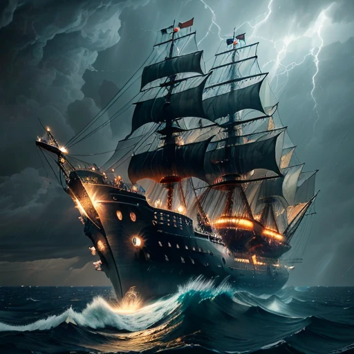 Mechanical castle in the sea, majestic, complex structure, sounding hovering fighter, sponge mechanical warship, battlefield, volume light, (storm cloud: 0.7), darkness, interstellar, (direct light: 0.4), 8mm film grain, 24mm lens, F/2.8 aperture, deep focus, (original), 8k