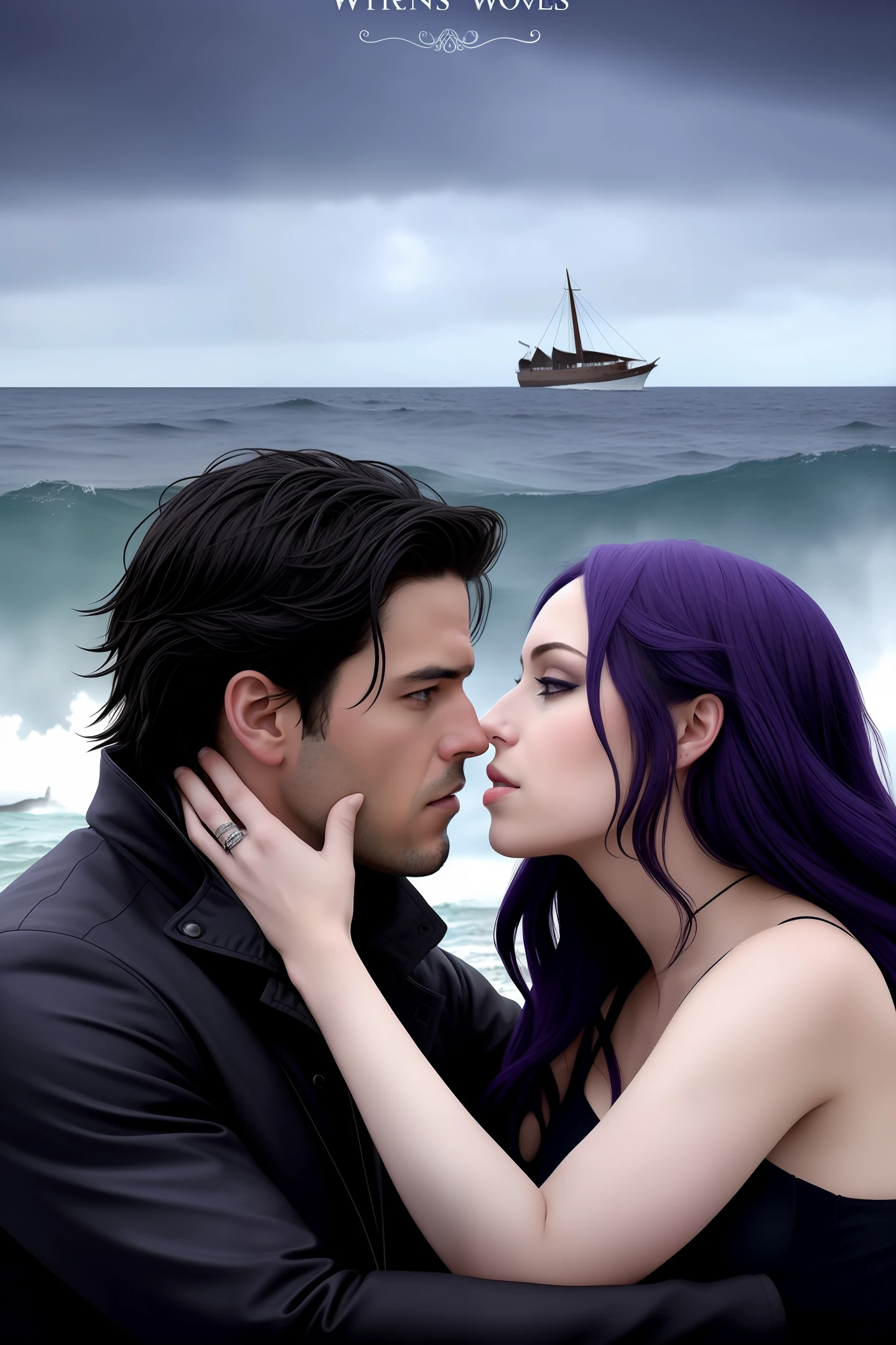 I have an image of the cover for a book called "Love Between Two Worlds". It's a story of sirens and vampires in a world full of danger and mystery. On the cover, a siren and a vampire gaze intensely into each other's eyes, while the raging sea churns behind them. The typography in shades of blue and purple perfectly complements the image, creating an atmosphere of romance and danger. However, the current version of the image has a cartoonish or drawn quality that I would like to be removed. Could you please adjust it to look more like a realistic photo while still capturing the atmosphere of romance and danger? Thank you!"