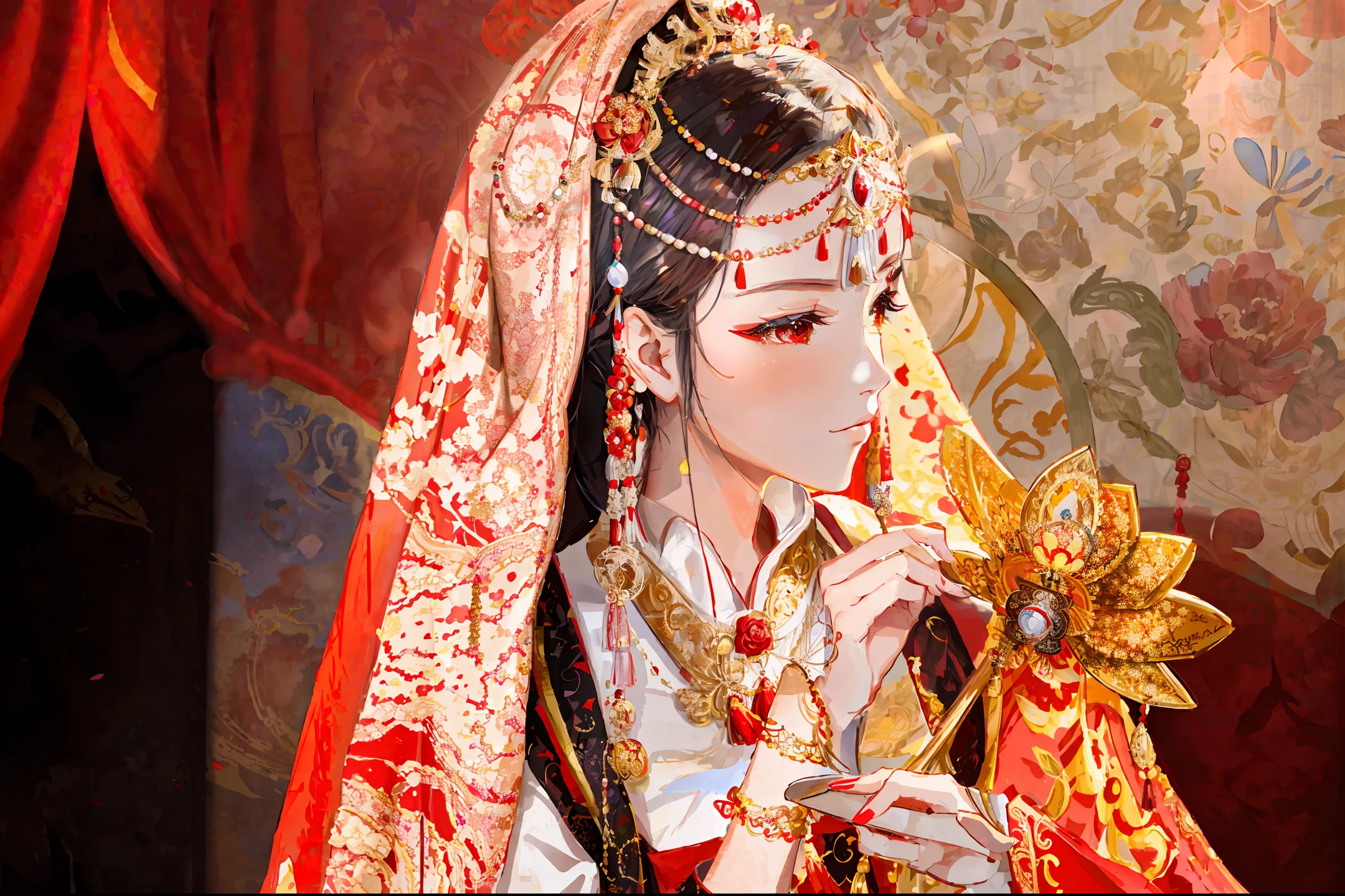 araffe woman in a red and gold outfit holding a flower, beautiful oriental woman, traditional chinese, traditional beauty, chinese princess, chinese woman, chinese costume, asian woman, chinese girl, chinese style, a beautiful fantasy empress, traditional chinese clothing, portrait shot, ancient chinese princess, palace , a girl in hanfu, beautiful asian woman, wearing ancient chinese clothes