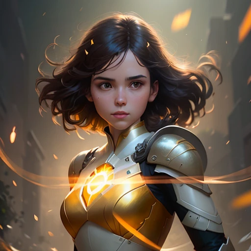 soft lighting, overgrown background, soft orange glowing aura, Medium shot, full body, portrait, Brunette, cute, pastel colored, Details, beautiful, detailed gorgeous face, Concept art, Digital art, High quality, Cinematic lighting, Soft lighting, segmented clothing, dark short hair, wavy hairstyle, Centered, Illustration, Portrait, gold elements, digital painting, concept art, smooth, sharp focus, floating pieces, art by greg rutkowski and artgerm