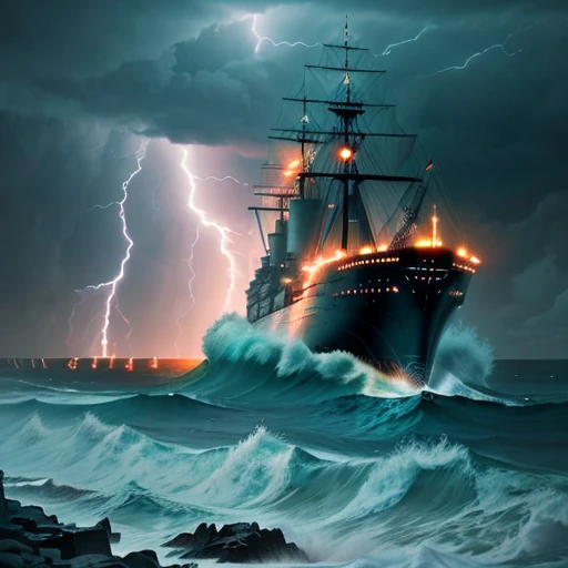 Stormy sea, thunder and lightning, huge mechanical castle on huge rocks, complex structure, terrifying warships on the move, weird and dreamy colors, dark interstellar style, 8mm film grain, 24mm lens, 8K