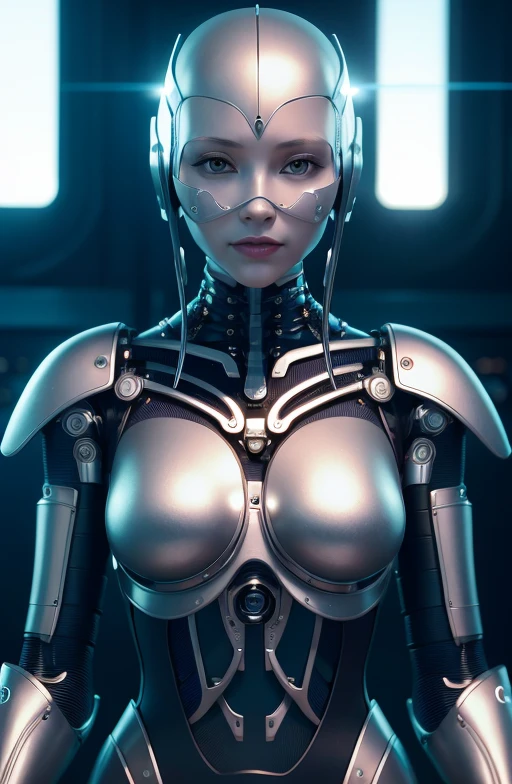 Intricate 3d rendering of highly detailed beautiful ceramic silhouette female robot face, cyborg, robot parts, 150 mm, beautiful studio soft light, rim light, vibrant details, luxury cyberpunk, lace, surreal, anatomy , Facial Muscles, Cable Wires, Microchips, Elegance, Beautiful Background, Octane Rendering, HR Giger Style, 8k, Best Quality, Masterpiece, Illustration, Very Delicate and Beautiful, Very Detailed, CG, Uniform, Wallpaper, ( fidelity, fidelity: 1.37), stunning, fine detail, masterpiece, best quality, official art, very detailed cg unity 8k wallpaper, absurd, unbelievably absurd, robot, silver helmet, full body, sit and write