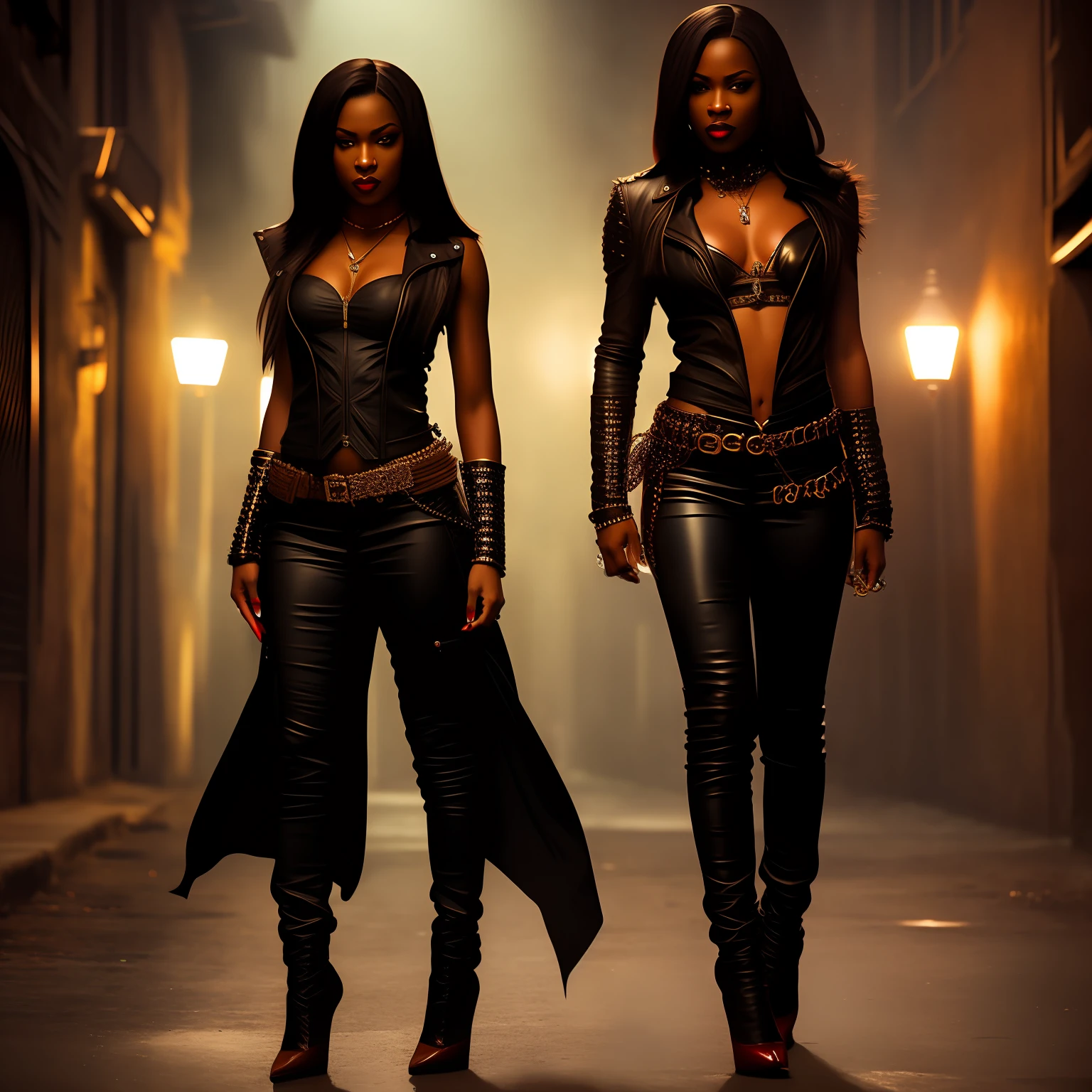 Seductive, African female, vampire, green eyes, soft brown skin, warrior vampire, modern, with fangs, masterpiece, highest quality, gangster theme, dimly lit alley, detailed, full body, leather pants, knife in hand