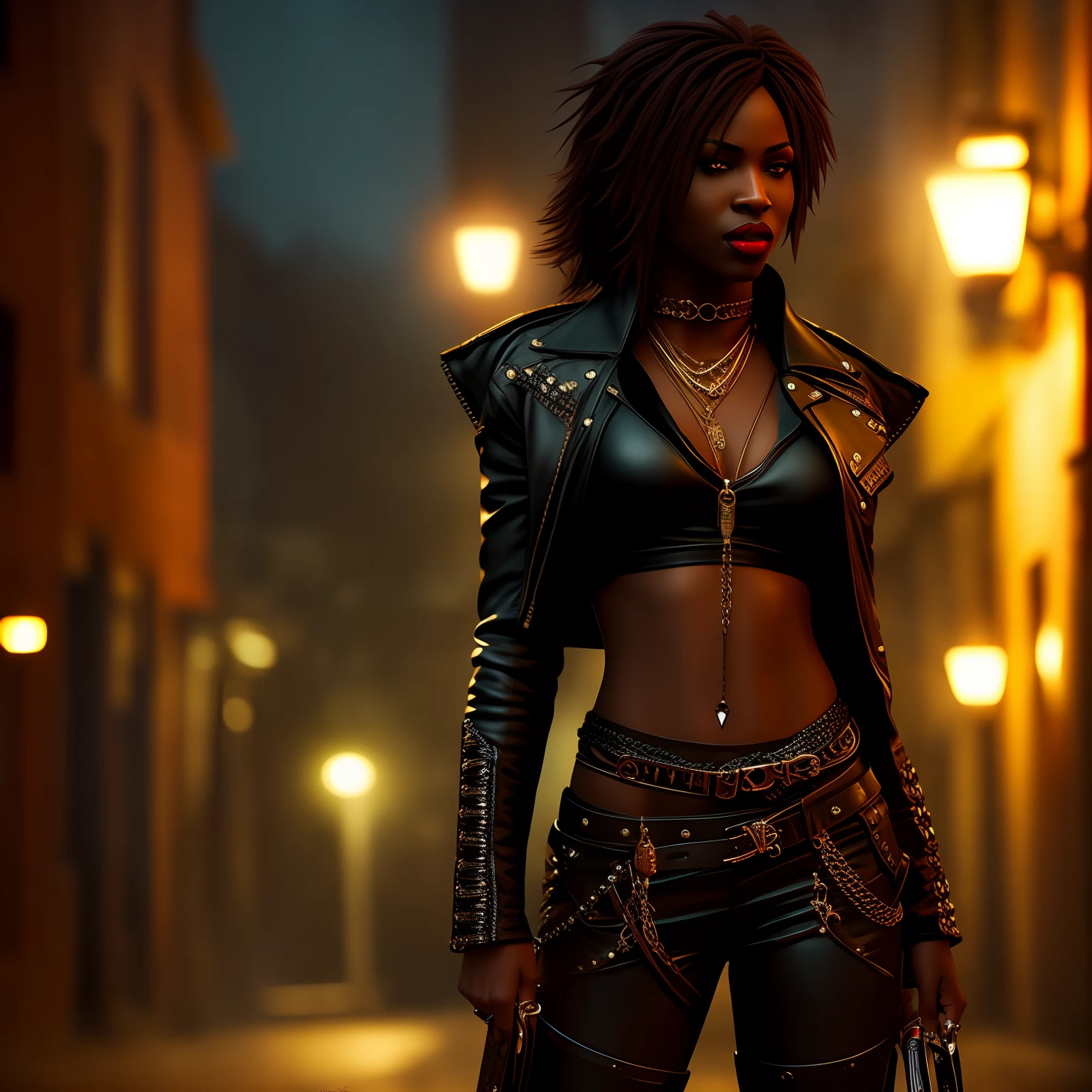 Seductive, African female, vampire, green eyes, soft brown skin, warrior vampire, modern, with fangs, masterpiece, highest quality, gangster theme, dimly lit alley, detailed, full body, leather pants, knife in hand