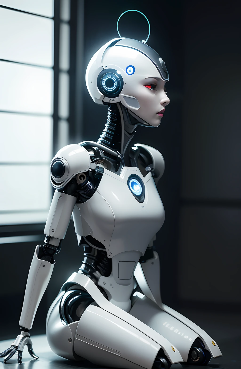Intricate 3d rendering of highly detailed beautiful ceramic silhouette female robot face, cyborg, robot parts, 150 mm, beautiful studio soft light, rim light, vibrant details, luxury cyberpunk, lace, surreal, anatomy , Facial Muscles, Cable Wires, Microchips, Elegance, Beautiful Background, Octane Rendering, HR Giger Style, 8k, Best Quality, Masterpiece, Illustration, Very Delicate and Beautiful, Very Detailed, CG, Uniform, Wallpaper, ( fidelity, fidelity: 1.37), stunning, fine detail, masterpiece, best quality, official art, very detailed cg unity 8k wallpaper, absurd, unbelievably absurd, robot, silver helmet, full body, sit and write