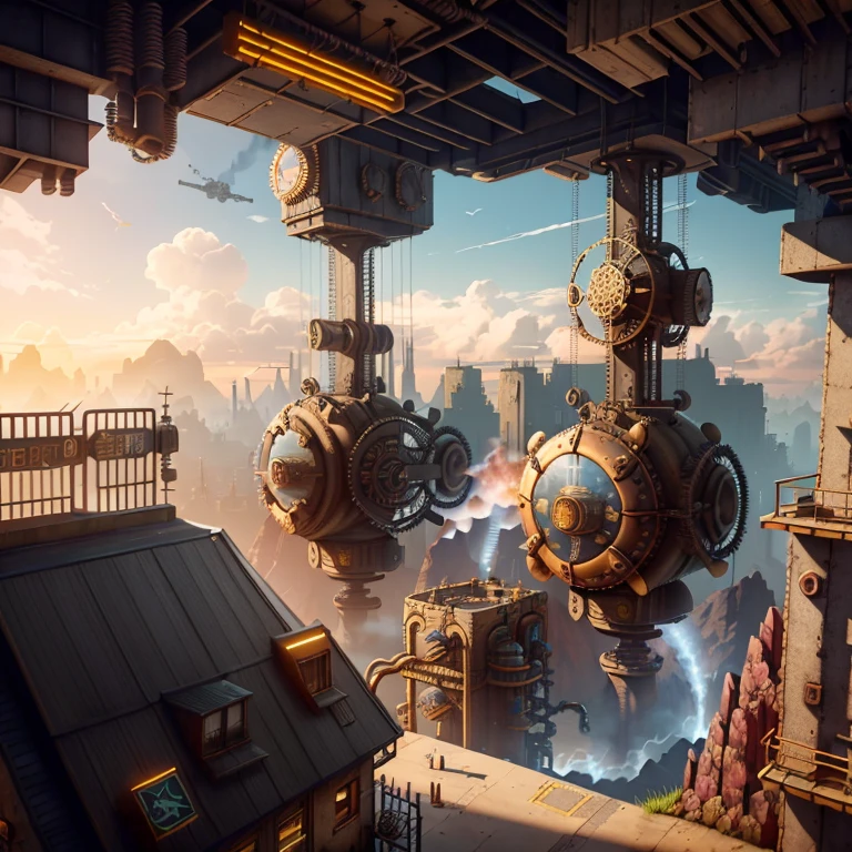 An epic RPG style scene with isometric view showing a cartoon world full of industrial and steam elements, family theme, ((steam), (industrial), (concrete and steel), like straight from the beloved RPG stripped out, outdoor advertising. Ultra detail, best quality, best shadows, 4k, home, sofa, advertising