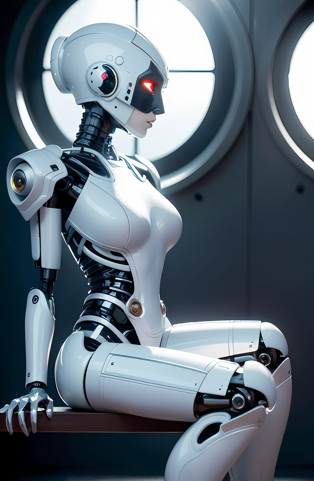 Intricate 3d rendering of highly detailed beautiful ceramic silhouette female robot face, cyborg, robot parts, 150 mm, beautiful studio soft light, rim light, vibrant details, luxury cyberpunk, lace, surreal, anatomy , Facial Muscles, Cable Wires, Microchips, Elegance, Beautiful Background, Octane Rendering, HR Giger Style, 8k, Best Quality, Masterpiece, Illustration, Very Delicate and Beautiful, Very Detailed, CG, Uniform, Wallpaper, ( fidelity, fidelity: 1.37), stunning, fine detail, masterpiece, best quality, official art, very detailed cg unity 8k wallpaper, absurd, unbelievably absurd, robot, silver helmet, full body, sit and write