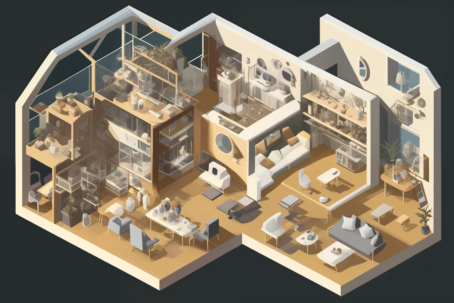 Isometric cutaway of duskametrik 1960s Australian home with pets and living room, highly detailed vantablack background bokeh edge lighting duskametrik family sofa